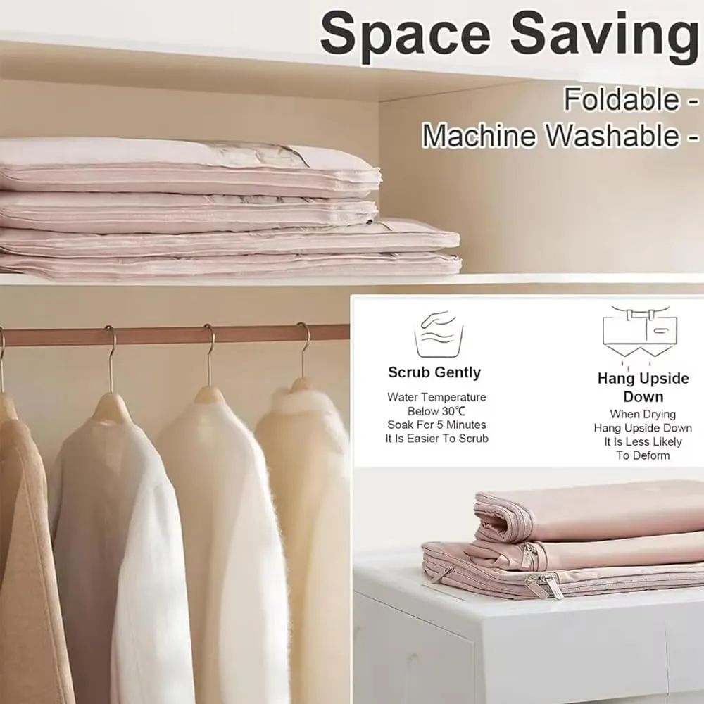 Space Saving Hanging Garment Bag with Self Compression Zipper, Otherwise Garment Bag for Down Coat, Winter Coat Storage, Protects Clothes from Wrinkles (Beige M 1PC)