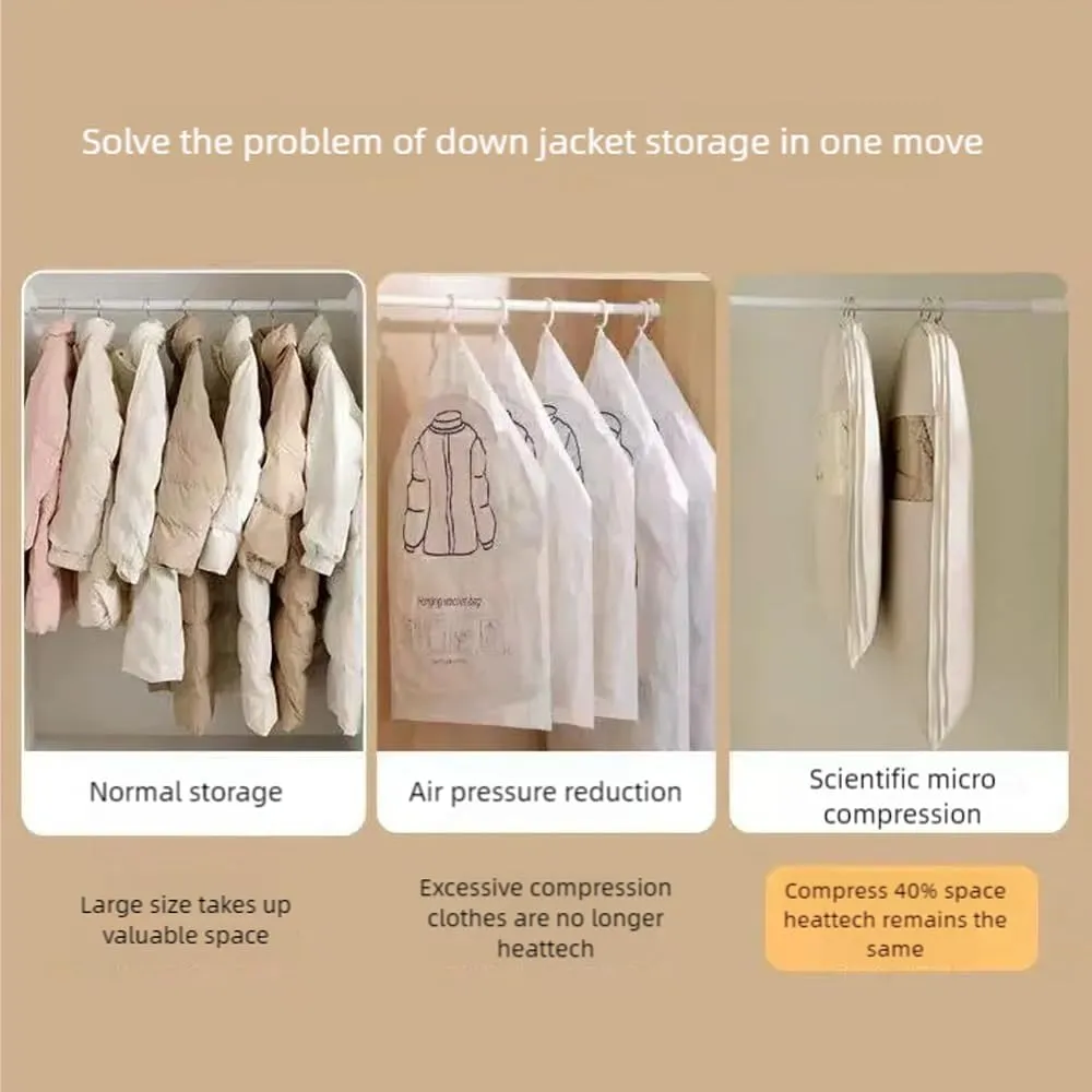Space Saving Hanging Garment Bag with Self Compression Zipper, Otherwise Garment Bag for Down Coat, Winter Coat Storage, Protects Clothes from Wrinkles (Beige M 1PC)
