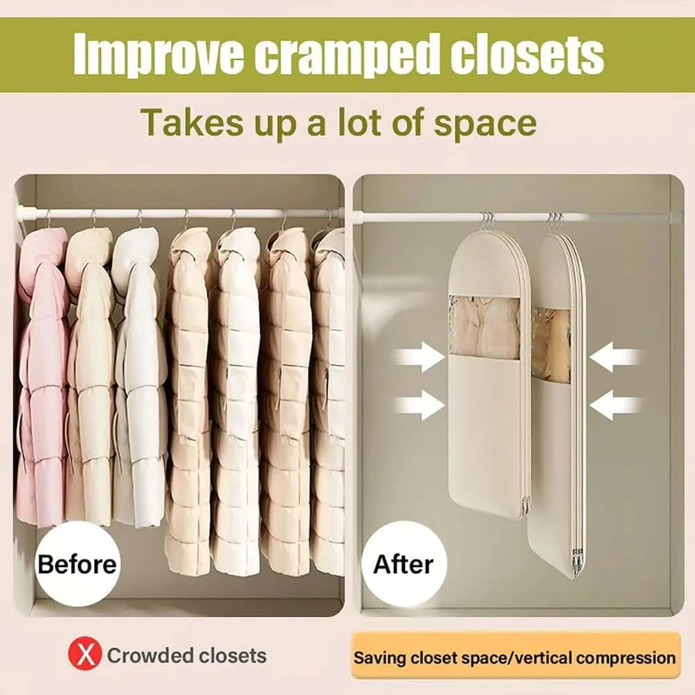 Space Saving Hanging Garment Bag with Self Compression Zipper, Otherwise Garment Bag for Down Coat, Winter Coat Storage, Protects Clothes from Wrinkles (Beige XL 1PC)