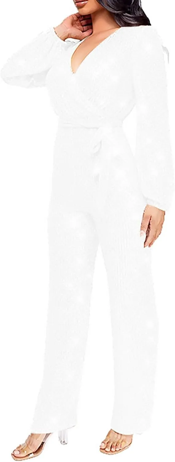 Sparkly Jumpsuits for Women Dressy Formal Plus Size Long Sleeve Sequin Party Rompers Sexy V Neck Wide Leg Pants Suit