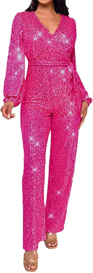 Sparkly Jumpsuits for Women Dressy Formal Plus Size Long Sleeve Sequin Party Rompers Sexy V Neck Wide Leg Pants Suit