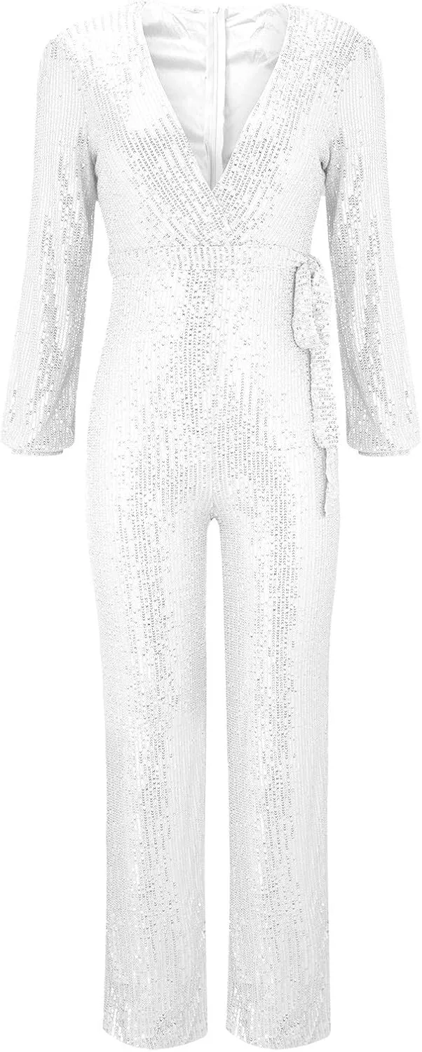 Sparkly Jumpsuits for Women Dressy Formal Plus Size Long Sleeve Sequin Party Rompers Sexy V Neck Wide Leg Pants Suit
