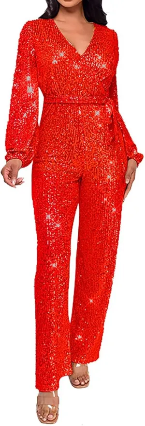 Sparkly Jumpsuits for Women Dressy Formal Plus Size Long Sleeve Sequin Party Rompers Sexy V Neck Wide Leg Pants Suit