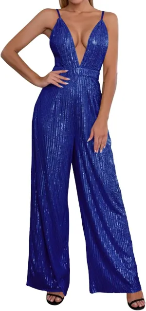 Sparkly Jumpsuits for Women Dressy Formal Plus Size Long Sleeve Sequin Party Rompers Sexy V Neck Wide Leg Pants Suit