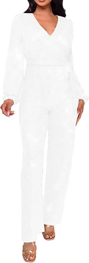 Sparkly Jumpsuits for Women Dressy Formal Plus Size Long Sleeve Sequin Party Rompers Sexy V Neck Wide Leg Pants Suit