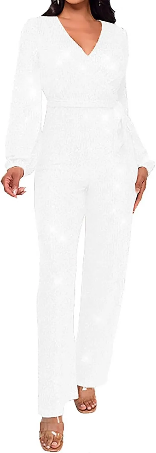 Sparkly Jumpsuits for Women Dressy Formal Plus Size Long Sleeve Sequin Party Rompers Sexy V Neck Wide Leg Pants Suit