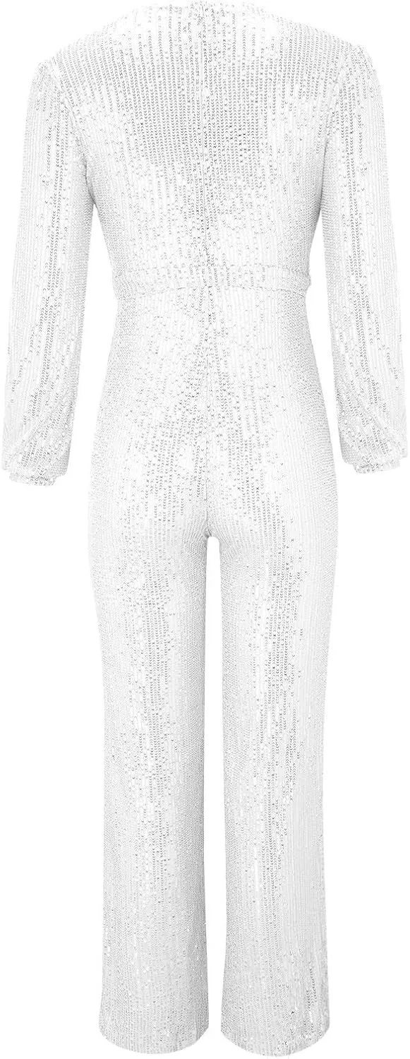 Sparkly Jumpsuits for Women Dressy Formal Plus Size Long Sleeve Sequin Party Rompers Sexy V Neck Wide Leg Pants Suit