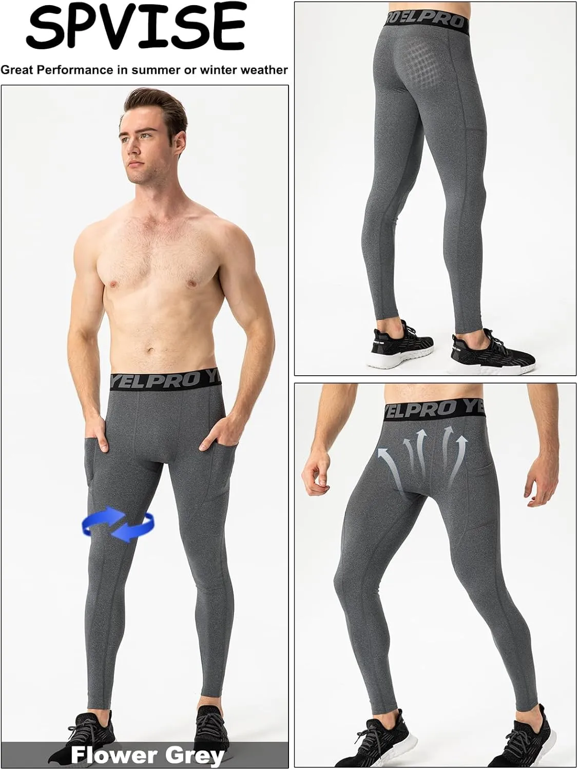 SPVISE 3 Pack Men's Compression Pants Leggings Running Tights with Pockets Cool Dry Workout Base Layer Athletic Gym Pants