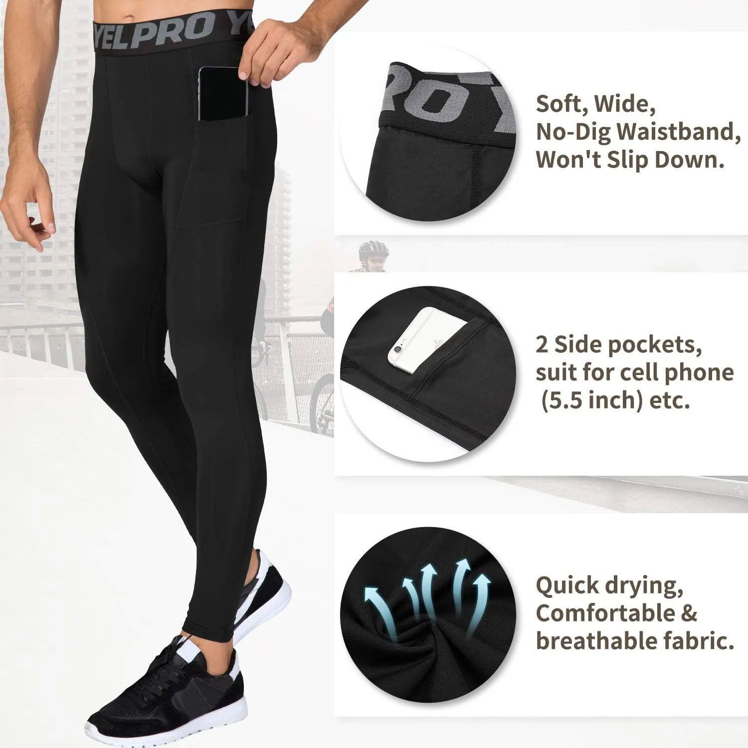 SPVISE 3 Pack Men's Compression Pants Leggings Running Tights with Pockets Cool Dry Workout Base Layer Athletic Gym Pants