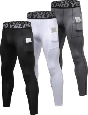 SPVISE 3 Pack Men's Compression Pants Leggings Running Tights with Pockets Cool Dry Workout Base Layer Athletic Gym Pants