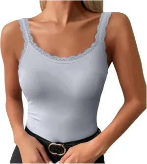 Square Neck Tops for Women Sleeveless Cute Tank Tops with Lace Trim Casual Slim Fit Ribbed Summer Camisole Clothing