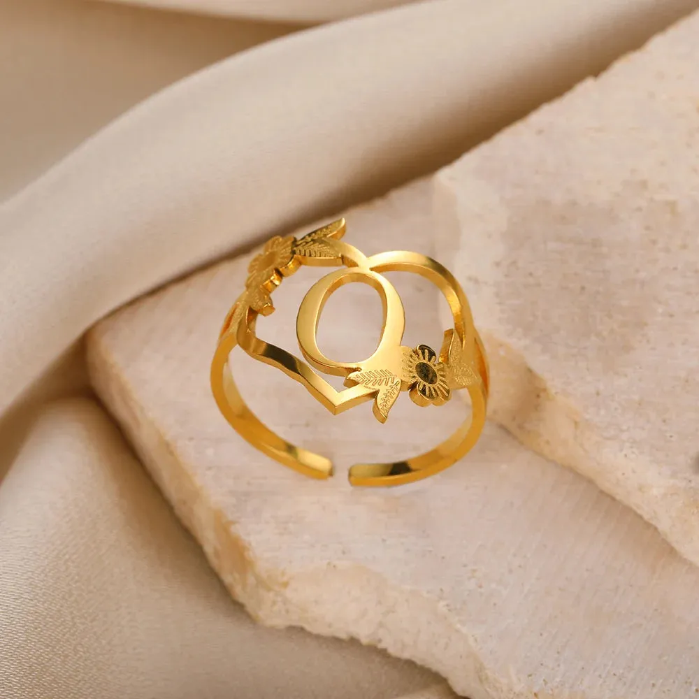 Stainless Steel Initials Flower Heart Rings Gold Color Adjustable Delicate Letter Leaf Rings For Women Girl Alphabet Jewelry