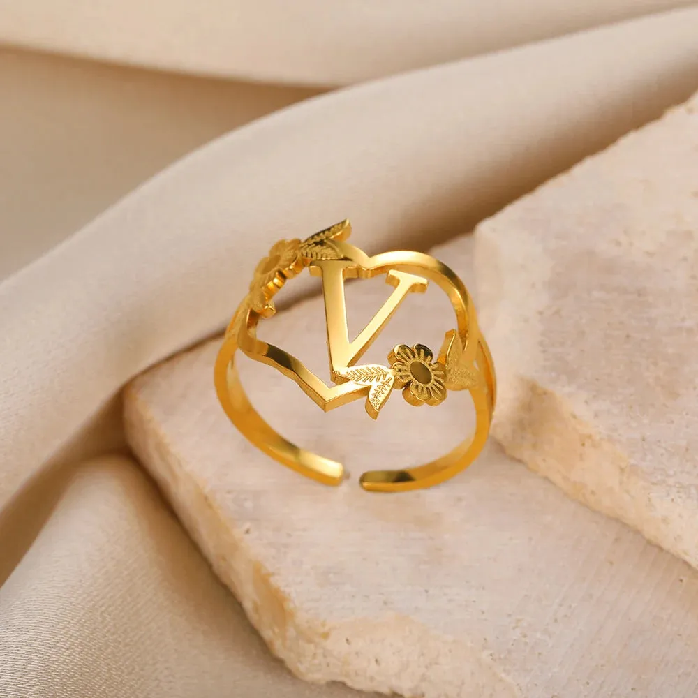 Stainless Steel Initials Flower Heart Rings Gold Color Adjustable Delicate Letter Leaf Rings For Women Girl Alphabet Jewelry