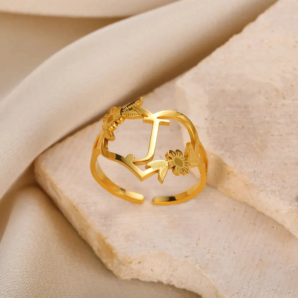 Stainless Steel Initials Flower Heart Rings Gold Color Adjustable Delicate Letter Leaf Rings For Women Girl Alphabet Jewelry