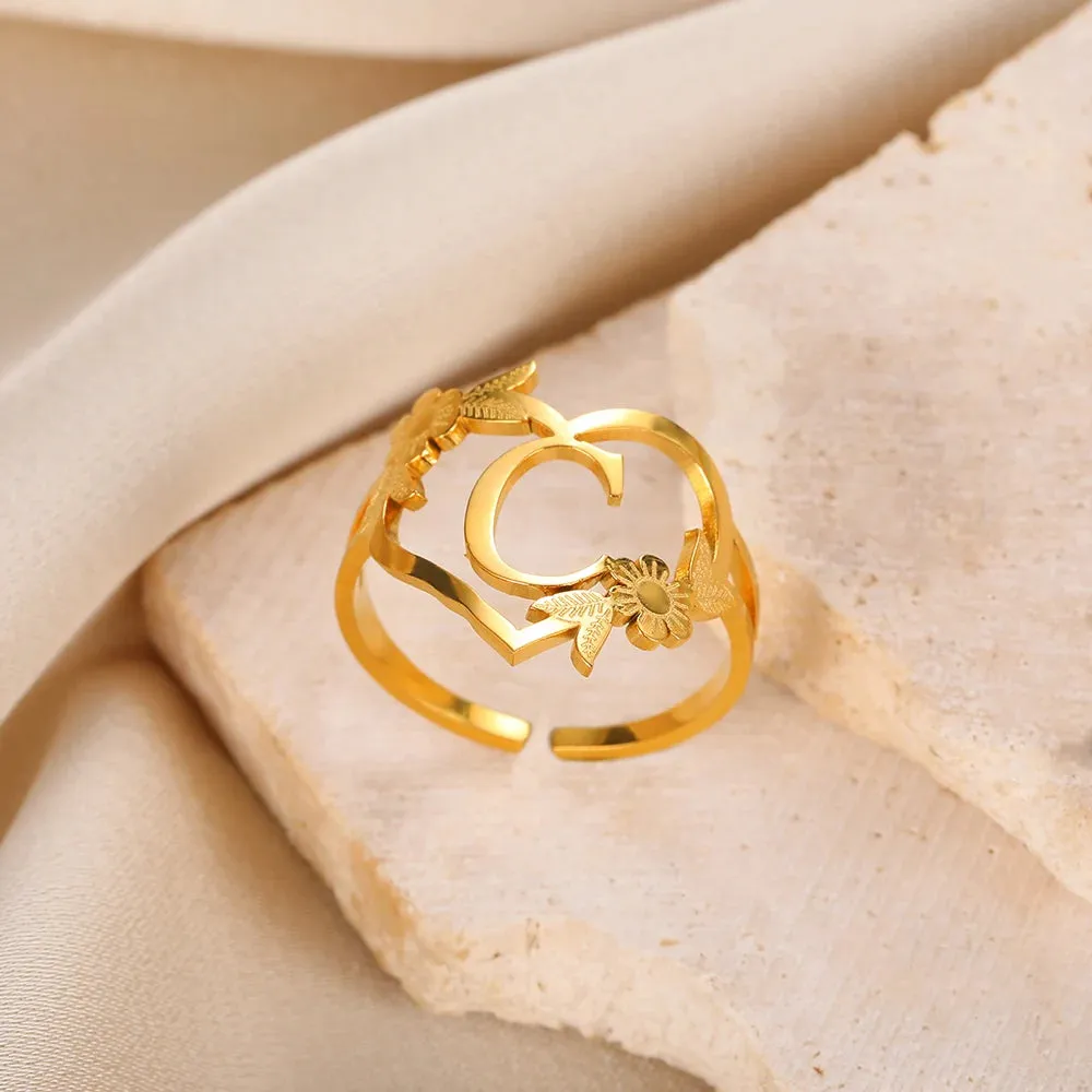 Stainless Steel Initials Flower Heart Rings Gold Color Adjustable Delicate Letter Leaf Rings For Women Girl Alphabet Jewelry