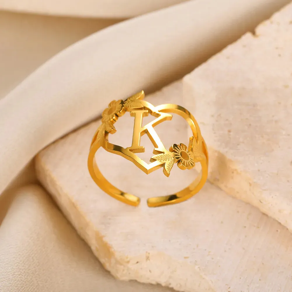 Stainless Steel Initials Flower Heart Rings Gold Color Adjustable Delicate Letter Leaf Rings For Women Girl Alphabet Jewelry