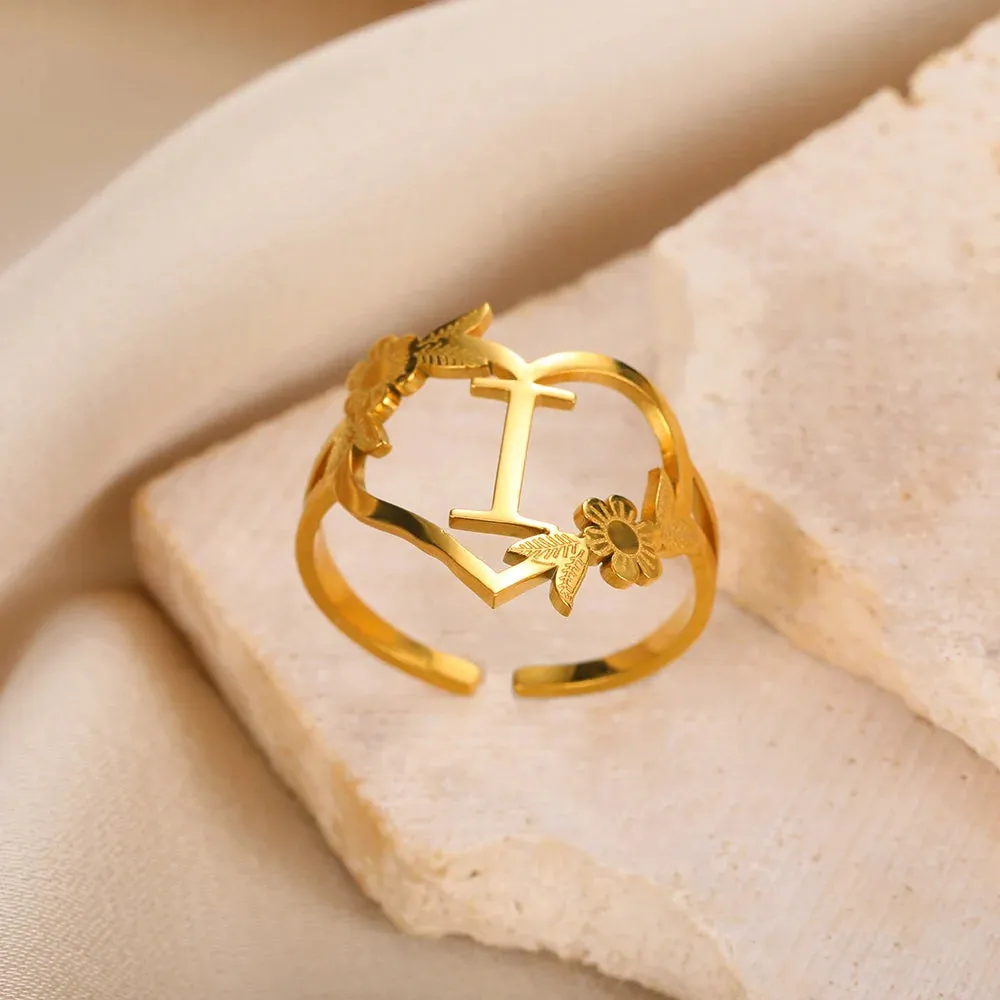 Stainless Steel Initials Flower Heart Rings Gold Color Adjustable Delicate Letter Leaf Rings For Women Girl Alphabet Jewelry