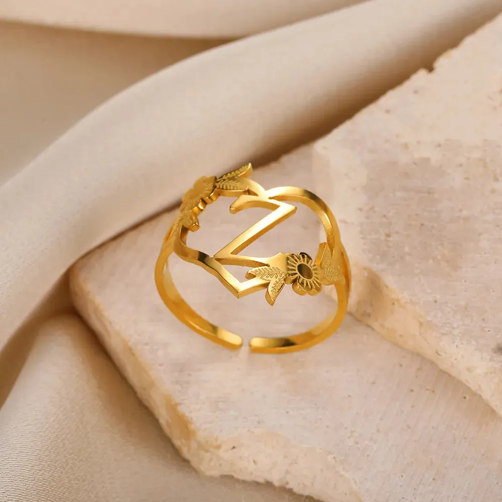 Stainless Steel Initials Flower Heart Rings Gold Color Adjustable Delicate Letter Leaf Rings For Women Girl Alphabet Jewelry