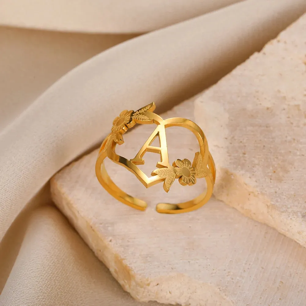 Stainless Steel Initials Flower Heart Rings Gold Color Adjustable Delicate Letter Leaf Rings For Women Girl Alphabet Jewelry