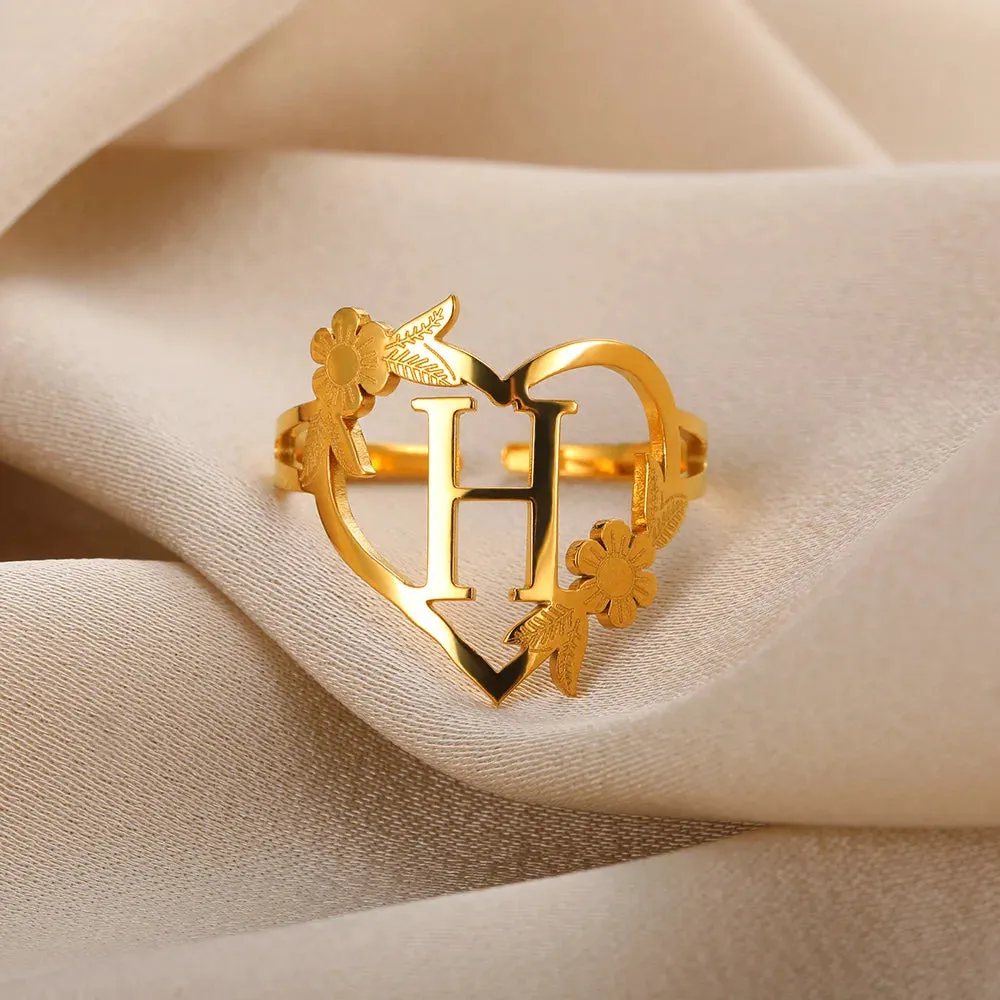 Stainless Steel Initials Flower Heart Rings Gold Color Adjustable Delicate Letter Leaf Rings For Women Girl Alphabet Jewelry