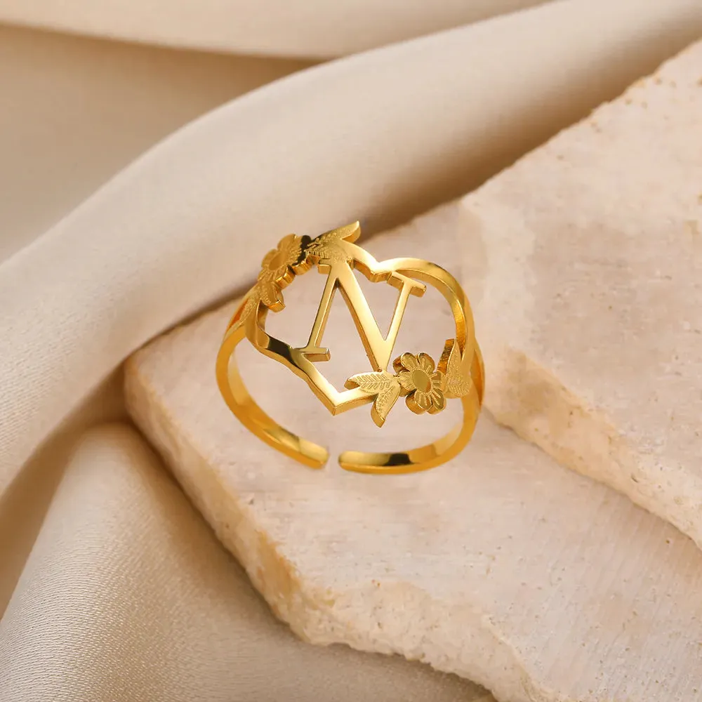 Stainless Steel Initials Flower Heart Rings Gold Color Adjustable Delicate Letter Leaf Rings For Women Girl Alphabet Jewelry