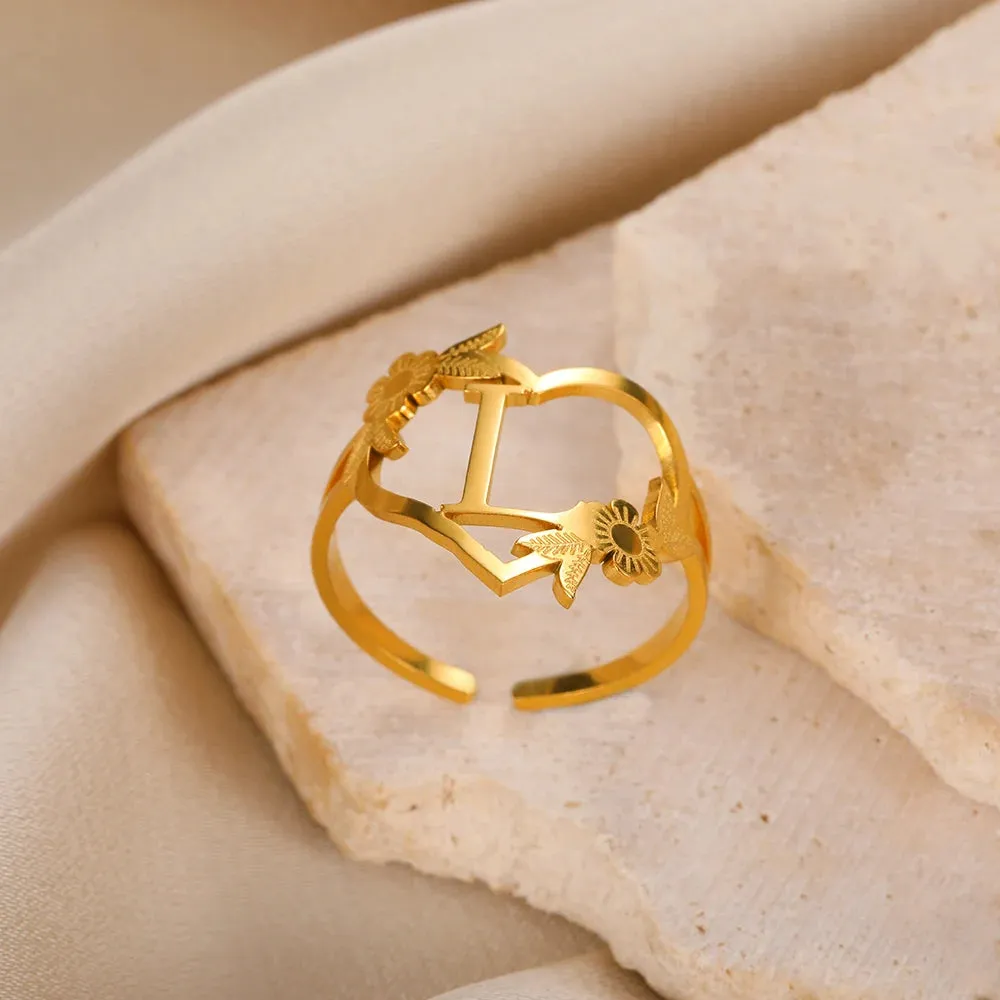 Stainless Steel Initials Flower Heart Rings Gold Color Adjustable Delicate Letter Leaf Rings For Women Girl Alphabet Jewelry