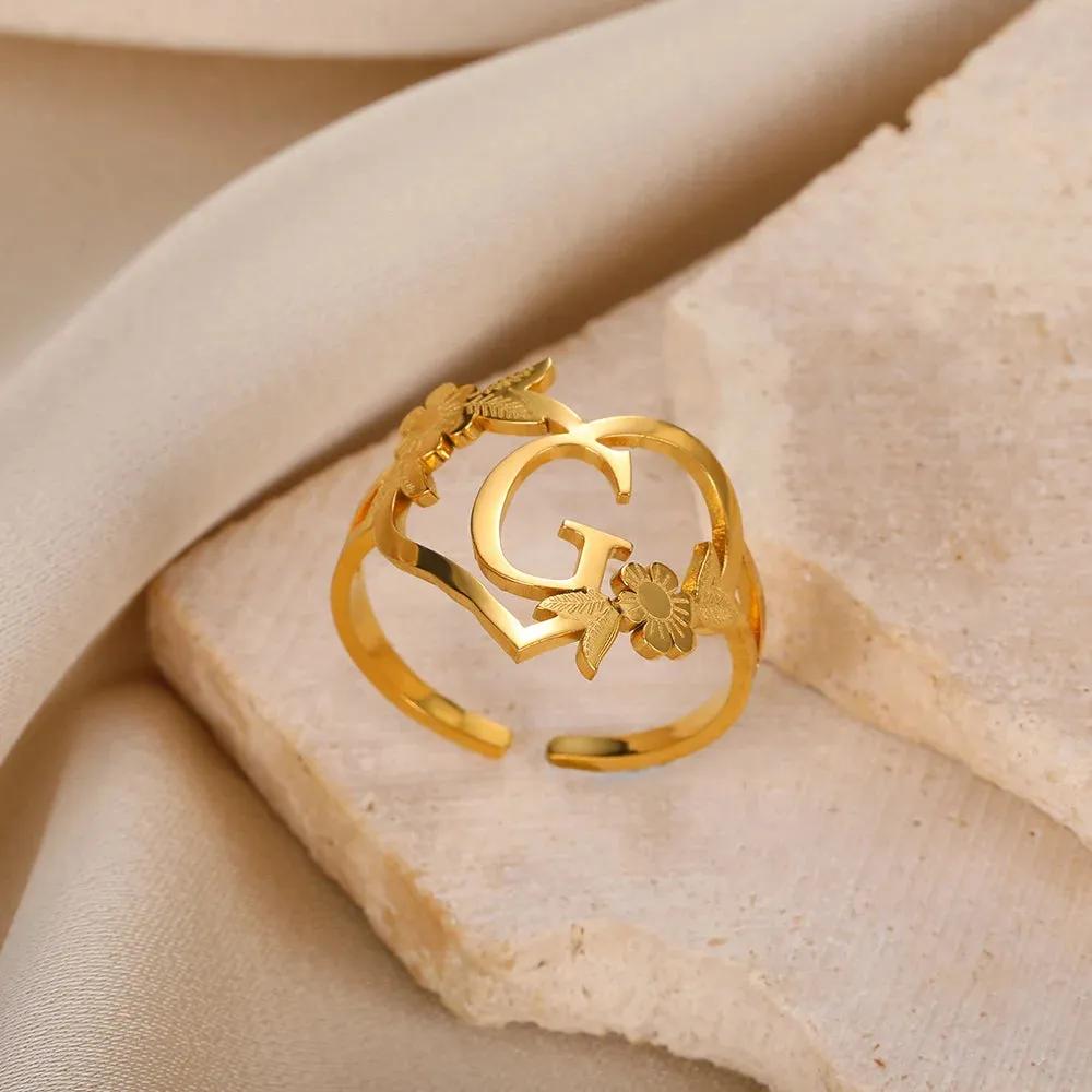 Stainless Steel Initials Flower Heart Rings Gold Color Adjustable Delicate Letter Leaf Rings For Women Girl Alphabet Jewelry