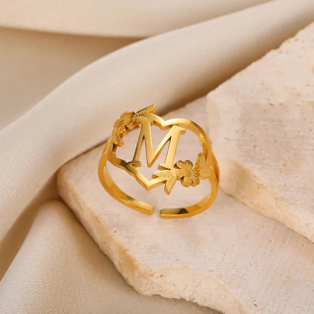 Stainless Steel Initials Flower Heart Rings Gold Color Adjustable Delicate Letter Leaf Rings For Women Girl Alphabet Jewelry