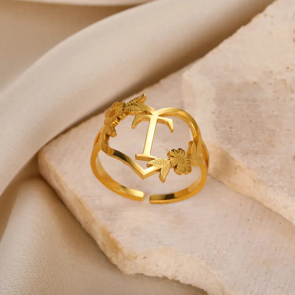 Stainless Steel Initials Flower Heart Rings Gold Color Adjustable Delicate Letter Leaf Rings For Women Girl Alphabet Jewelry