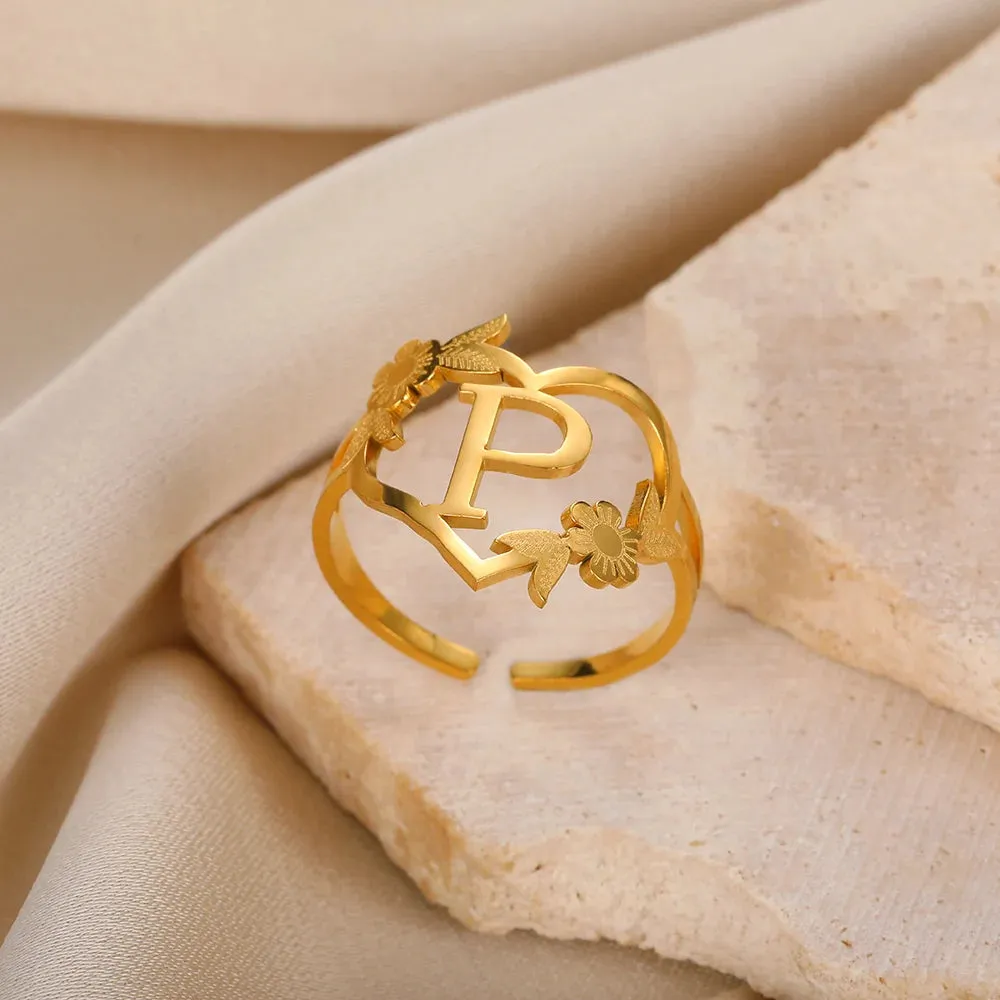 Stainless Steel Initials Flower Heart Rings Gold Color Adjustable Delicate Letter Leaf Rings For Women Girl Alphabet Jewelry