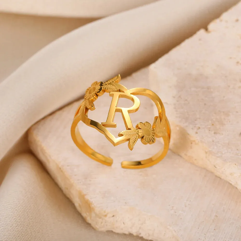 Stainless Steel Initials Flower Heart Rings Gold Color Adjustable Delicate Letter Leaf Rings For Women Girl Alphabet Jewelry