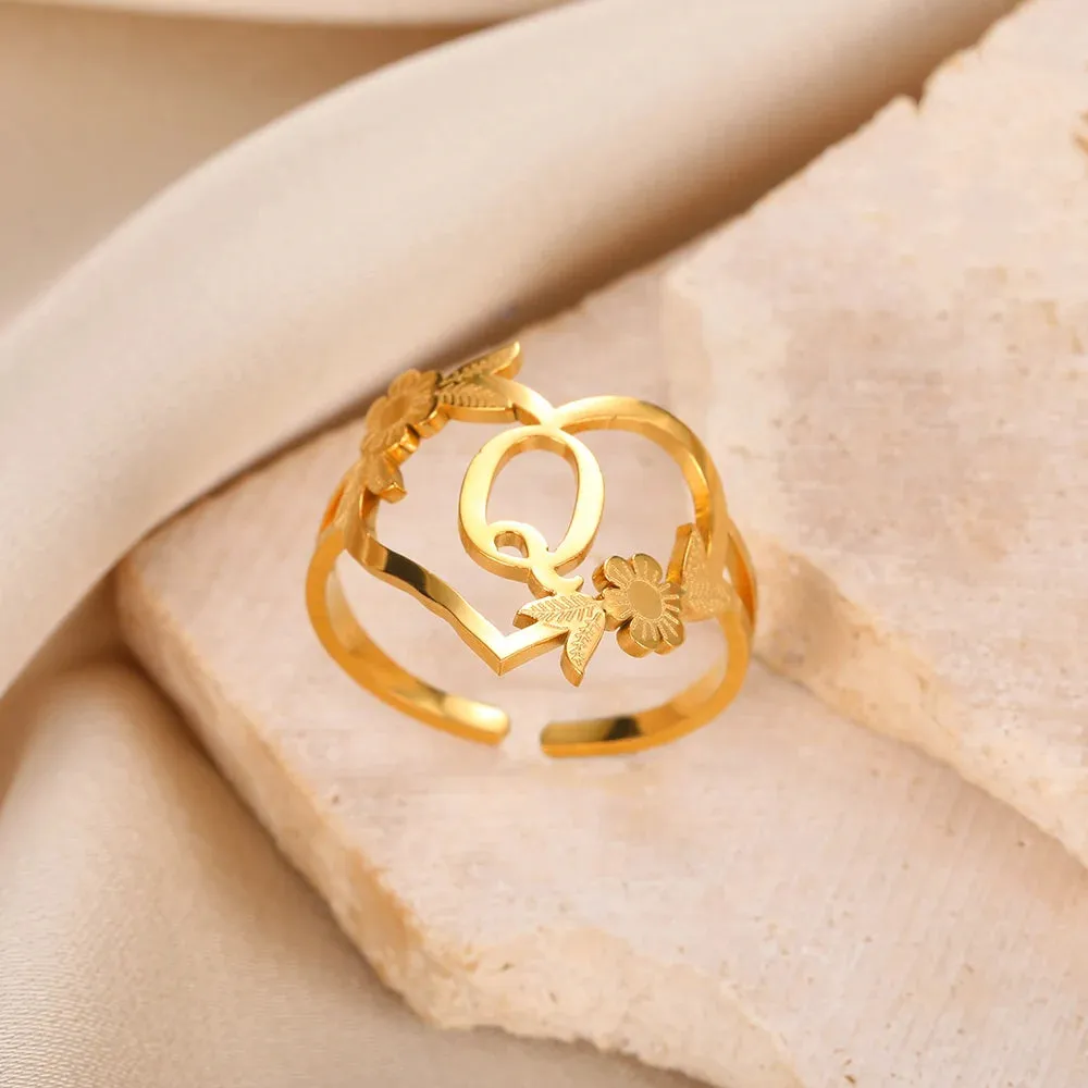 Stainless Steel Initials Flower Heart Rings Gold Color Adjustable Delicate Letter Leaf Rings For Women Girl Alphabet Jewelry