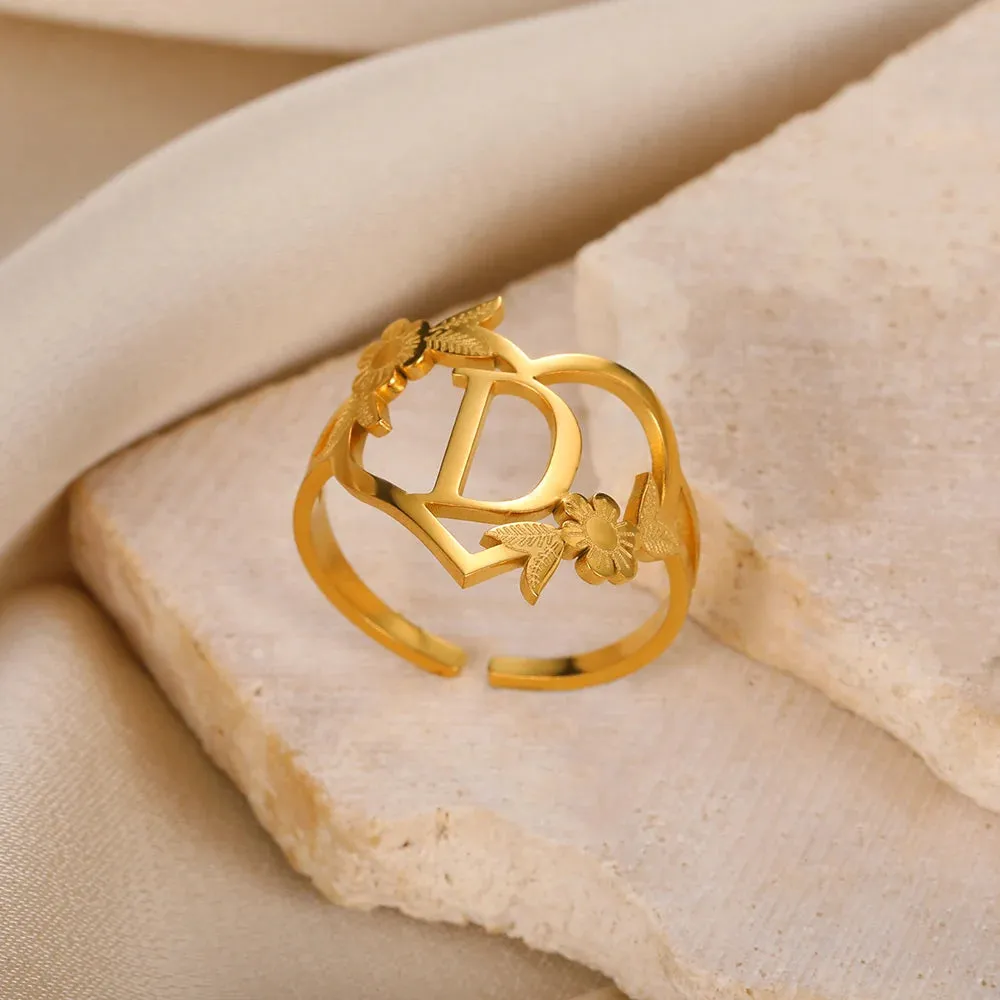 Stainless Steel Initials Flower Heart Rings Gold Color Adjustable Delicate Letter Leaf Rings For Women Girl Alphabet Jewelry