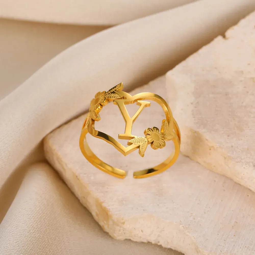 Stainless Steel Initials Flower Heart Rings Gold Color Adjustable Delicate Letter Leaf Rings For Women Girl Alphabet Jewelry