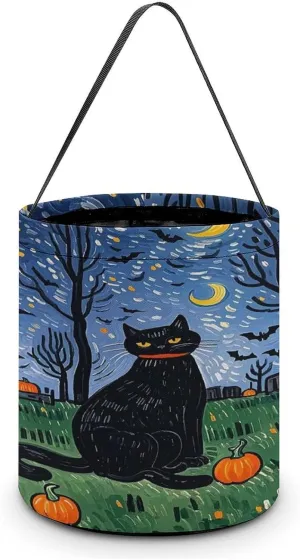 Starry Night Black Cat Halloween Tote Candy Bag Candy Basket Candy Bucket Gift Bag for Halloween Party