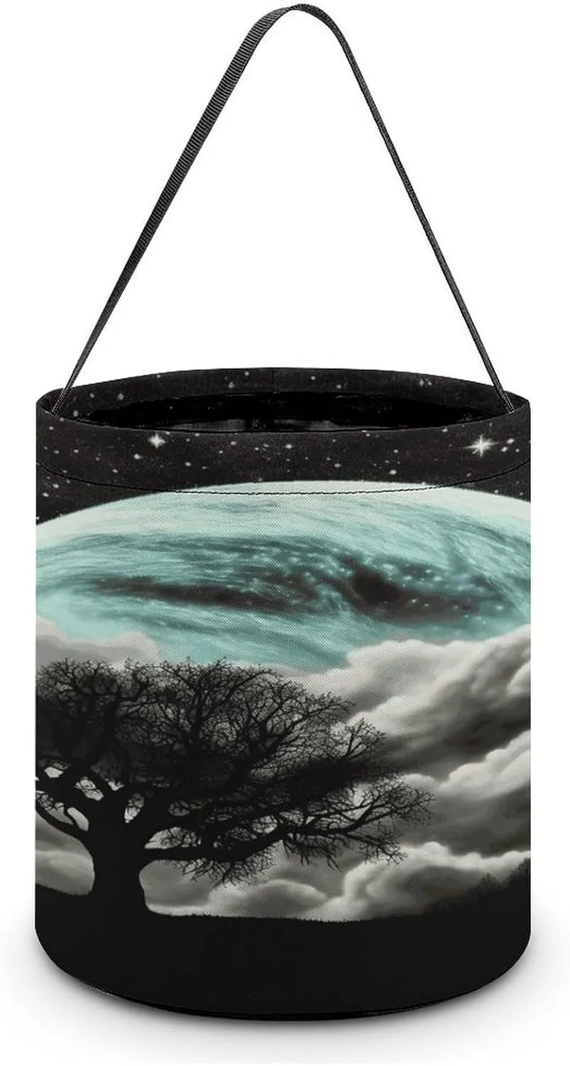 Starry Night Black Tree Art Halloween Tote Candy Bag Candy Basket Candy Bucket Gift Bag for Halloween Party