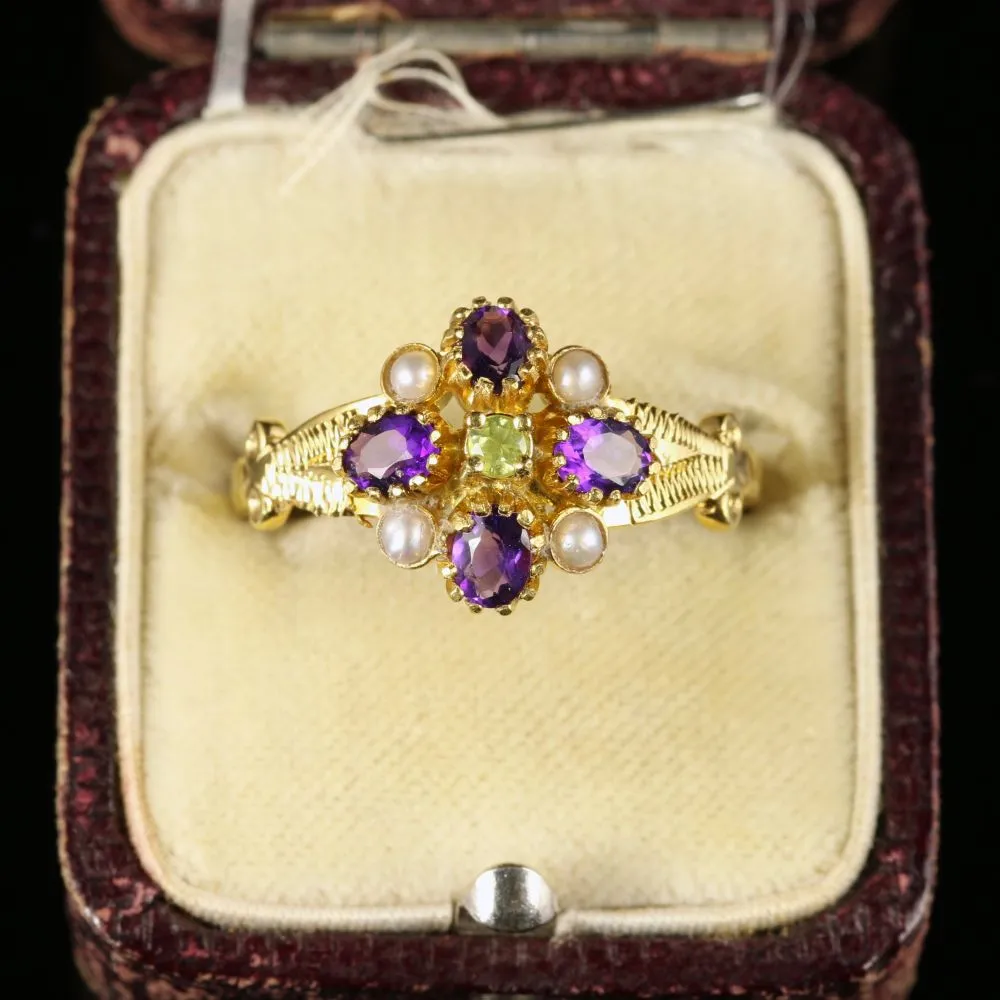 Suffragette Cluster Ring Peridot Amethyst Pearl 18Ct Gold Silver
