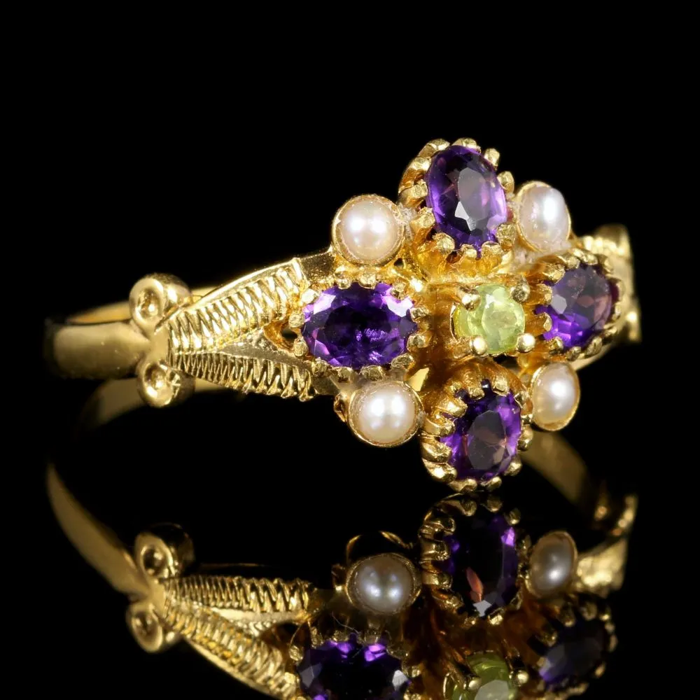 Suffragette Cluster Ring Peridot Amethyst Pearl 18Ct Gold Silver