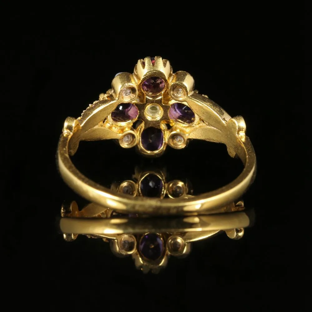 Suffragette Cluster Ring Peridot Amethyst Pearl 18Ct Gold Silver