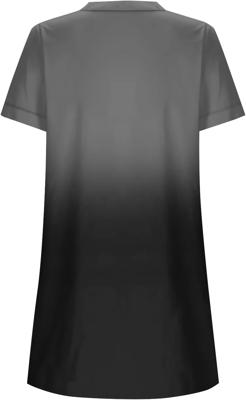 Summer Beach Sundress Women's Gradient Color Dress V Neck Short Sleeve Button Down Top Mini T Shirt Dresses