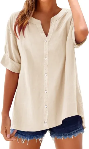 Summer Linen Work Tops for Women Trendy Button Down Plus Size V Neck Boho Clothes Spring Tops for Women 2025