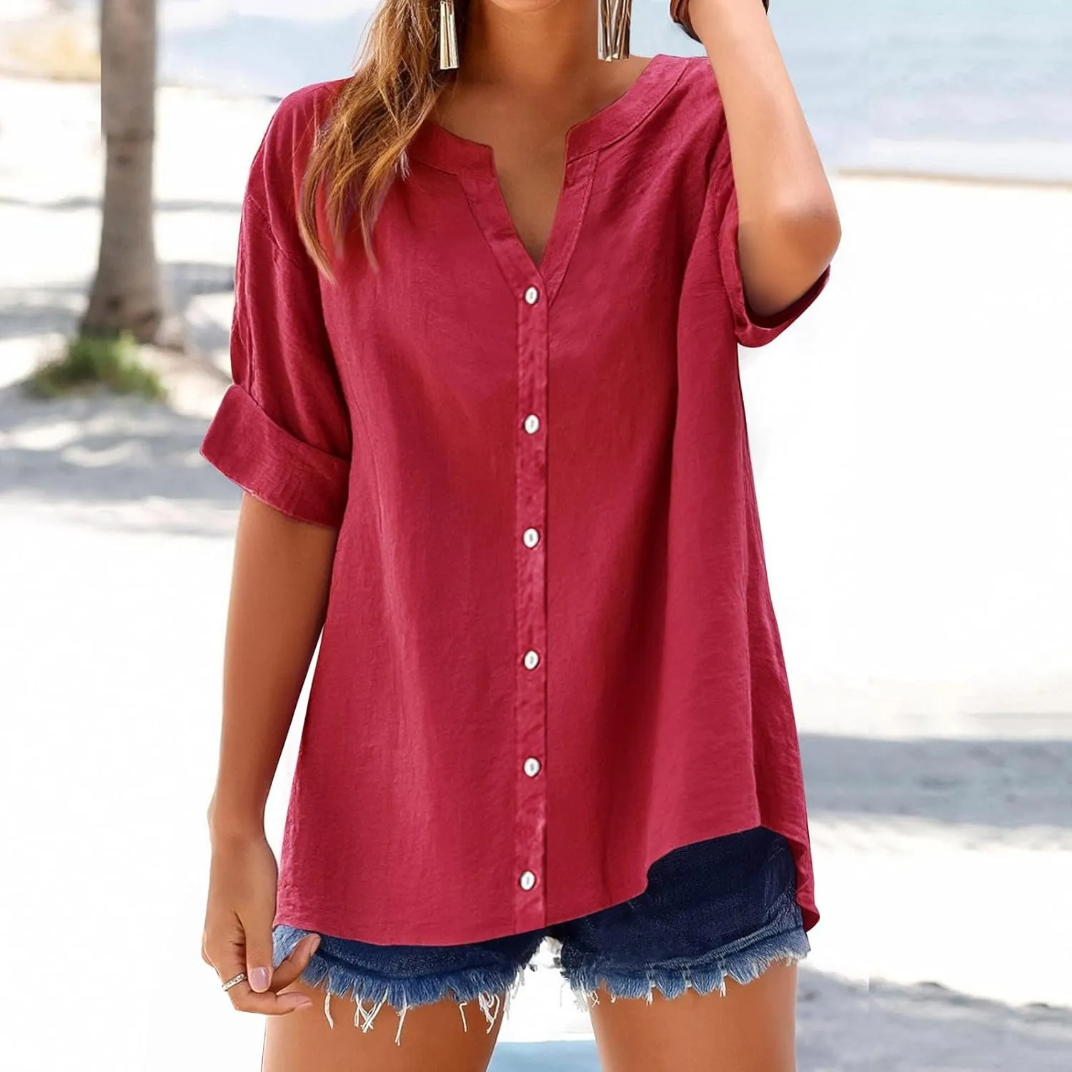 Summer Linen Work Tops for Women Trendy Button Down Plus Size V Neck Boho Clothes Spring Tops for Women 2025