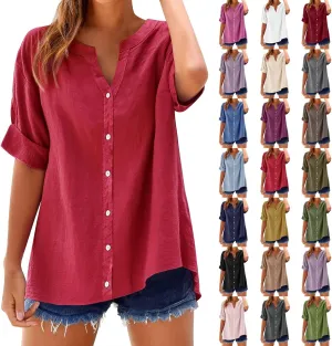 Summer Linen Work Tops for Women Trendy Button Down Plus Size V Neck Boho Clothes Spring Tops for Women 2025
