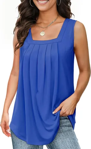 Summer Tank Tops for Women Loose Fit Pleated Square Neck Sleeveless Tops Flowy Blouse Short Sleeve Tops Basic Shirts Blue 2XL