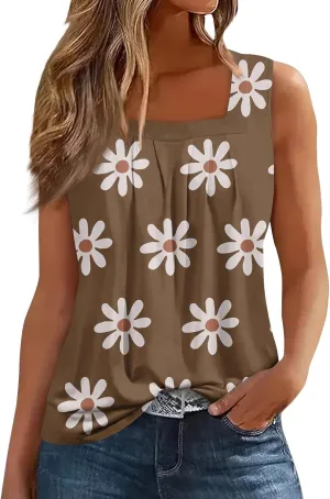 Summer Tank Tops for Women Loose Fit Pleated Square Neck Sleeveless Tops Plus Size Curved Hem Flowy Tops 2025