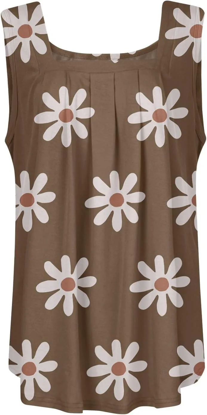Summer Tank Tops for Women Loose Fit Pleated Square Neck Sleeveless Tops Plus Size Curved Hem Flowy Tops 2025