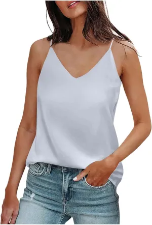 Summer V Neck Tank Tops for Women Silk Satin Summer Sleeveless Camisole Straps Top Womens Tops Dressy Casual
