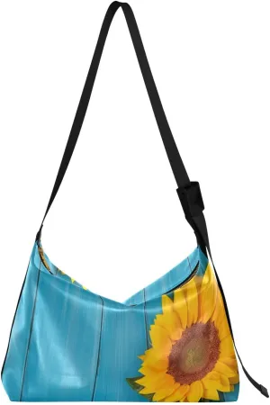 Sunflower Blue Wooden Tote Bag for Women Large Hobo Bags Crossbody Tote Bags Leather Tote with Adjustable Strap for Travel School