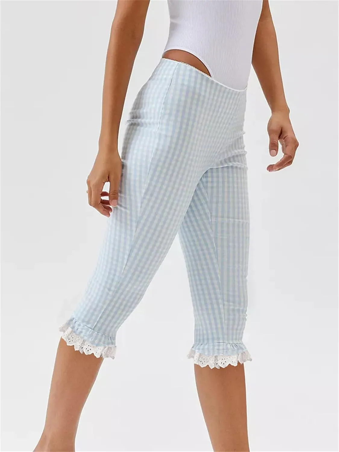 Sunloudy Y2k Capri Pants for Women Gingham Tights Knee Length Bottom Low Waist 3/4 Length Cropped Legging Coquette Streetwear