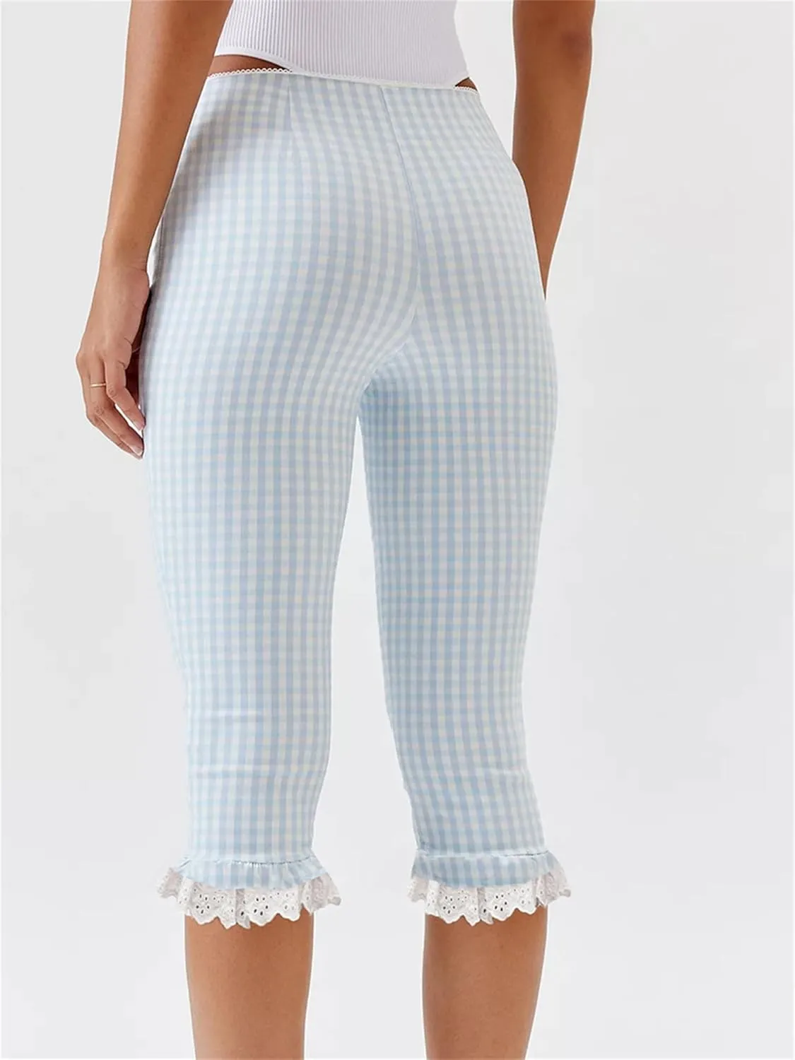 Sunloudy Y2k Capri Pants for Women Gingham Tights Knee Length Bottom Low Waist 3/4 Length Cropped Legging Coquette Streetwear